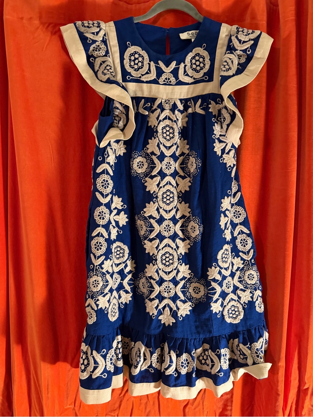 Sea NY Navy and Cream Embroidered Flutter-Sleeve women’s  Dress